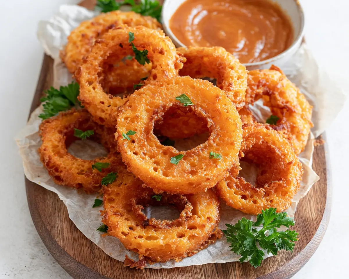 A generous pile of golden-brown Crispy Keto Onion Rings, garnished with parsley, served on a rustic wooden board with a side of dipping sauce.