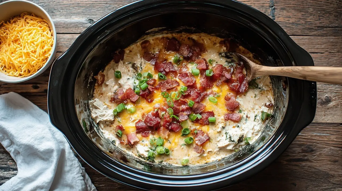 Close-up of creamy Crockpot Crack Chicken with melted cheese, crispy bacon, and green onions in a black slow cooker.