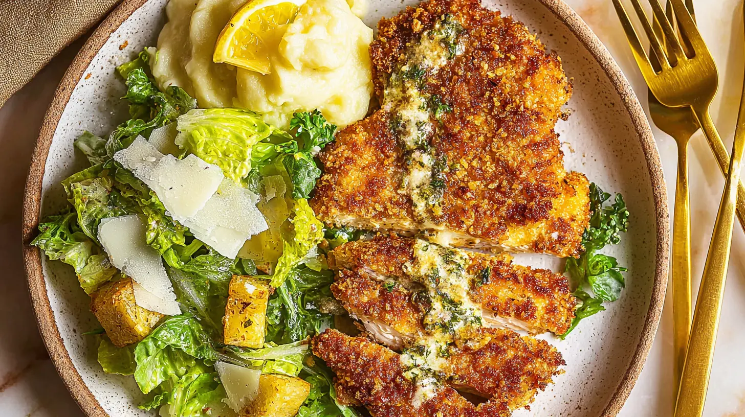 Appetizing Crunchy Parmesan Chicken meal with mashed potatoes and Caesar salad.