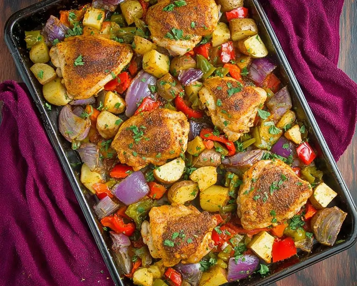 Vibrant Easy One Pot Cajun Chicken with roasted potatoes, bell peppers, and red onions in a dark baking pan, garnished with fresh herbs.