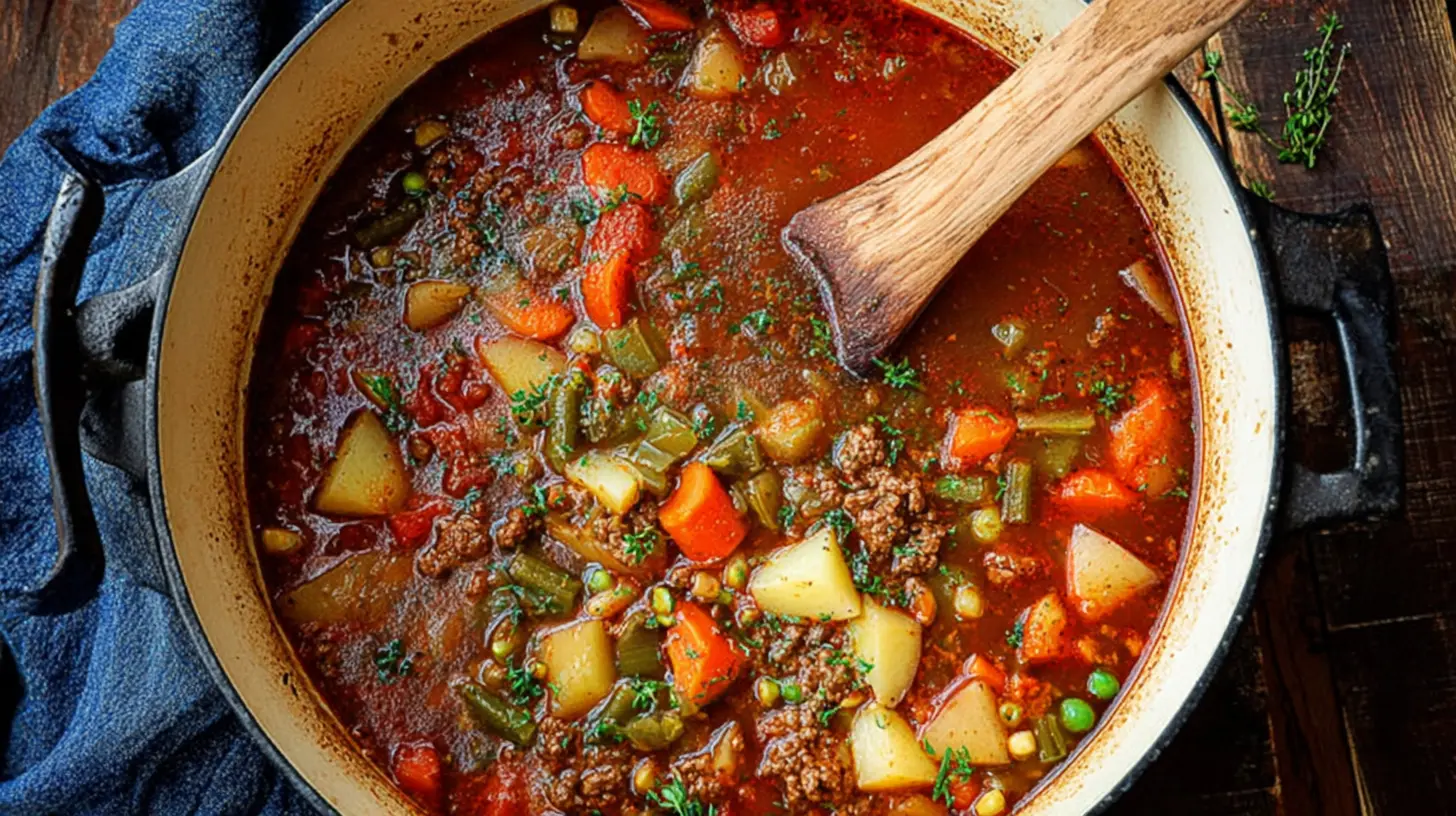 Overhead view of a hearty Ground Beef Vegetable Soup simmering in a rustic pot with a wooden spoon.