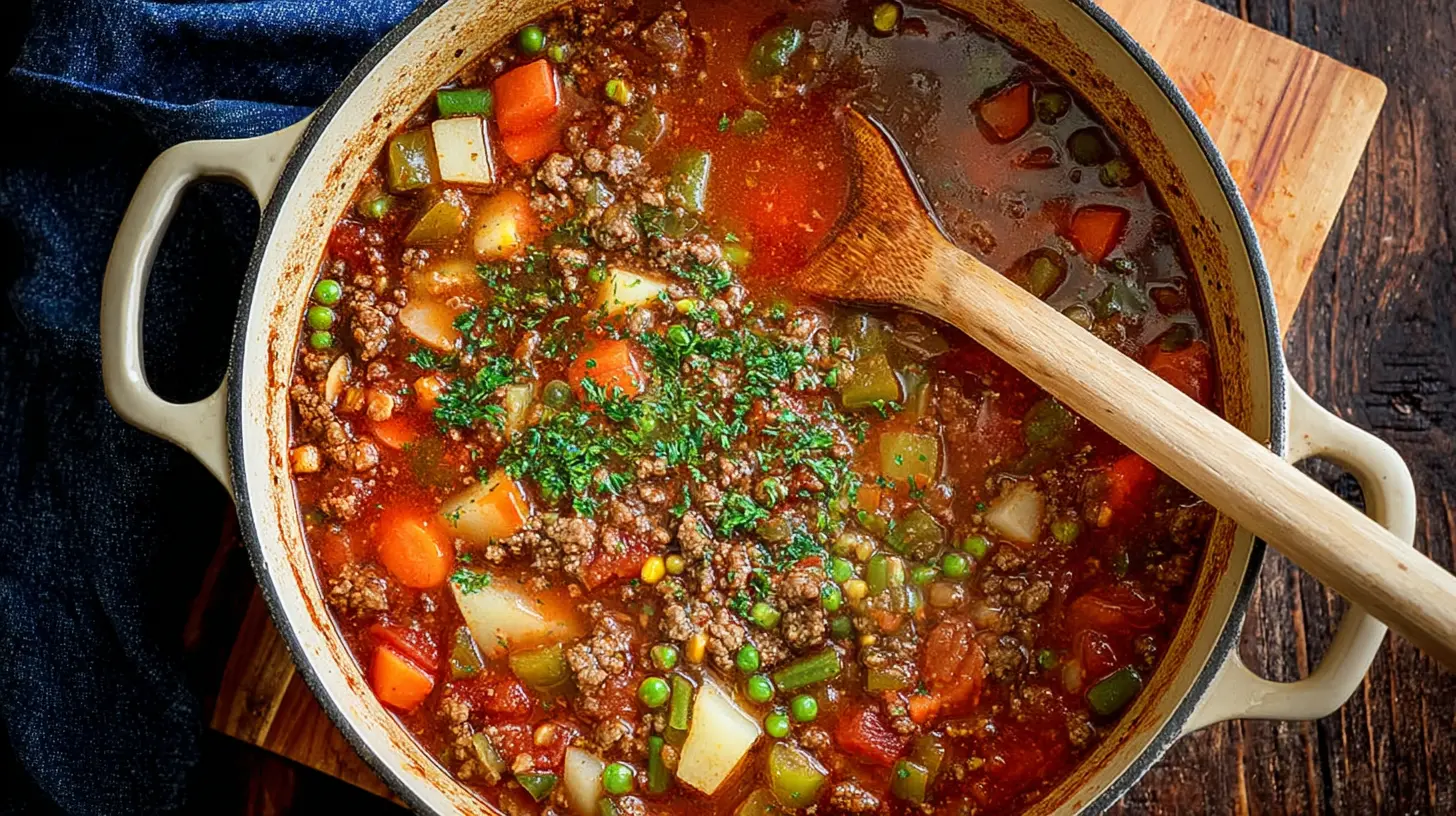 A hearty Ground Beef Vegetable Soup simmering in an enameled cast iron pot with a wooden spoon.