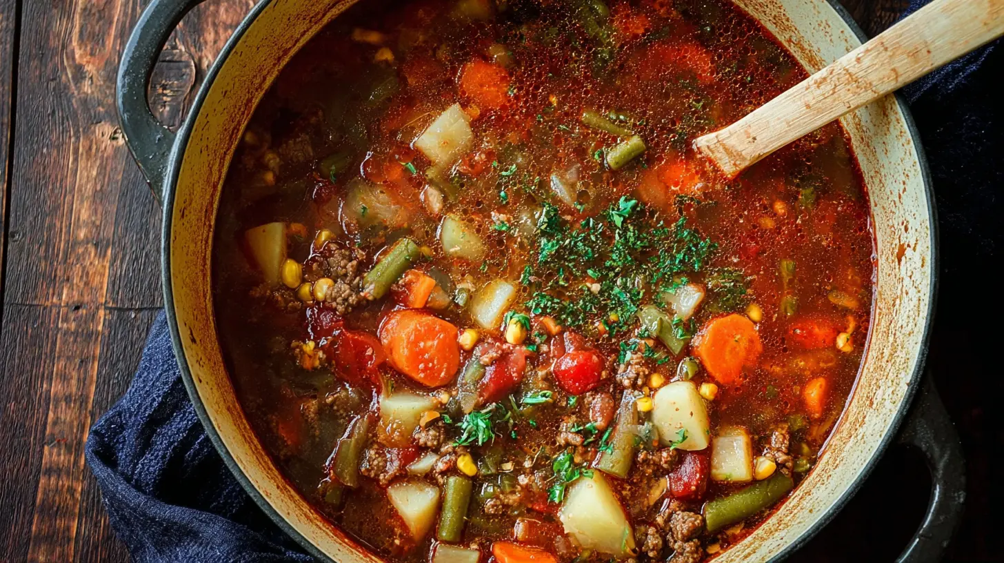 Hearty Ground Beef Vegetable Soup in a rustic Dutch oven with fresh herbs, ready to serve.