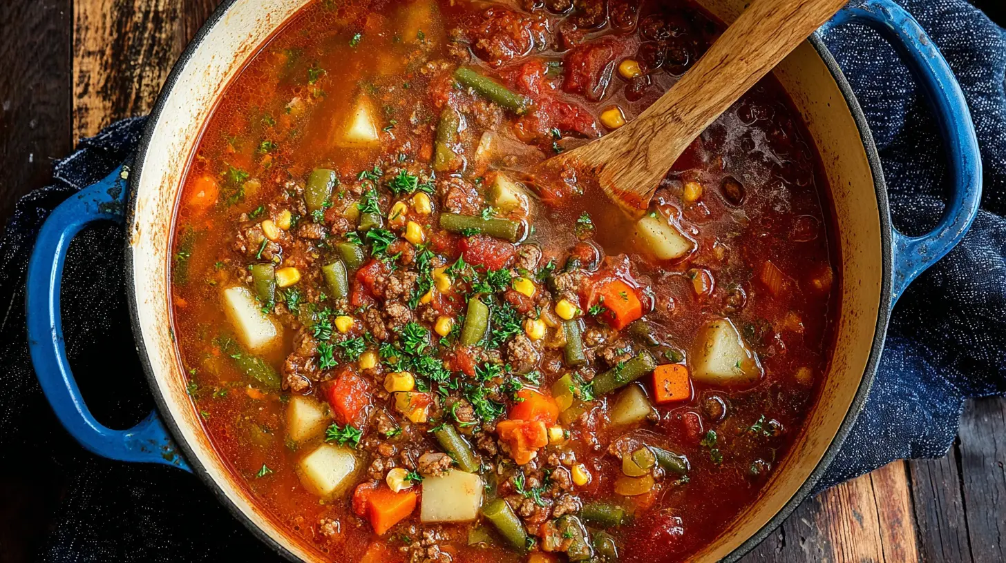 Vibrant Ground Beef Vegetable Soup in a rustic blue Dutch oven, garnished with fresh herbs.