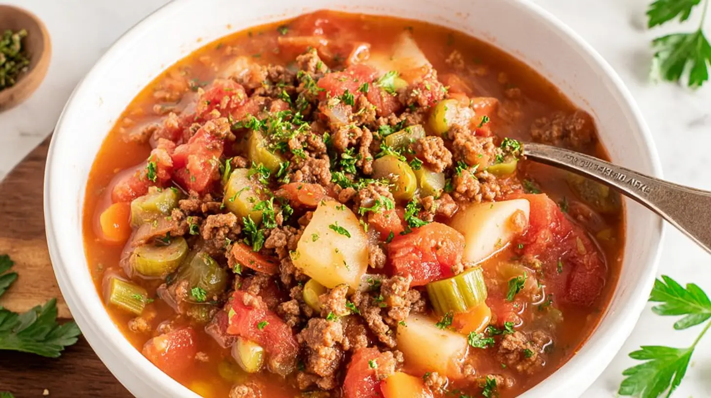 A close-up of a hearty bowl of Hamburger Vegetable Soup, richly garnished with fresh parsley, showcasing ground meat, tomatoes, and mixed vegetables.