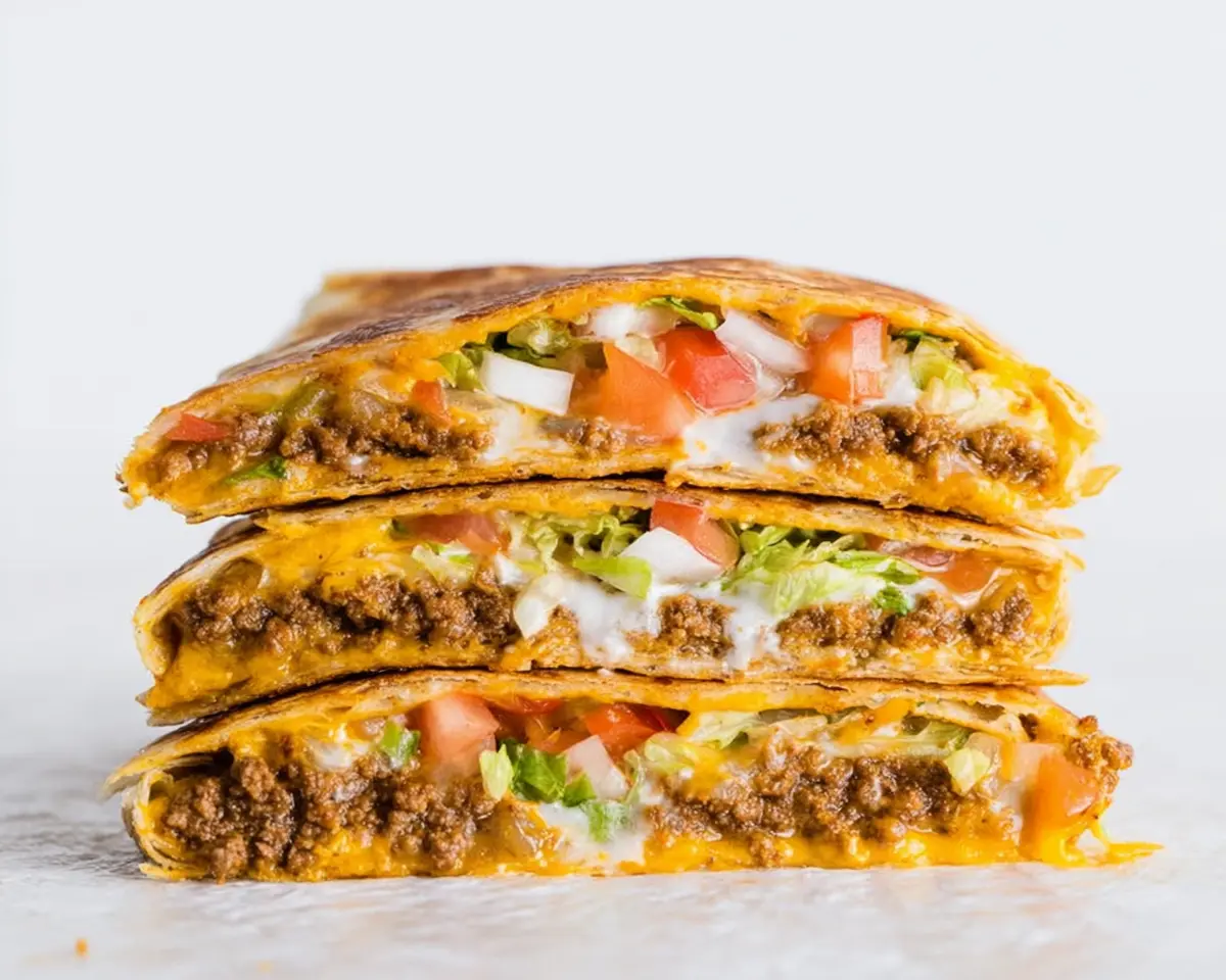 Stacked Keto Crunchwraps Recipe, cut in half to reveal seasoned meat, melted cheese, creamy sauce, fresh lettuce, and diced tomatoes on a white background.