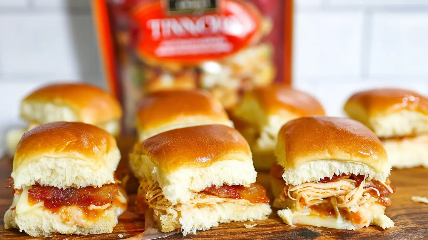 Appetizing Maple Chicken Bacon Sliders with golden buns, shredded chicken, crispy bacon, and melted cheese on a rustic wooden board.