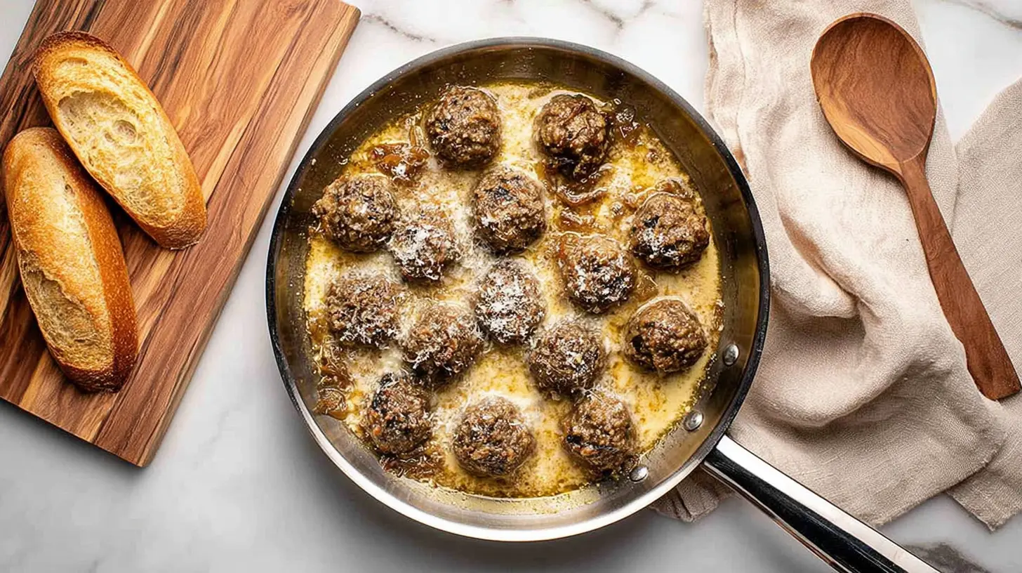 Savory homemade meatballs in a creamy sauce, served with crusty bread on a marble counter – a perfect inspiration for meatball dinner ideas.