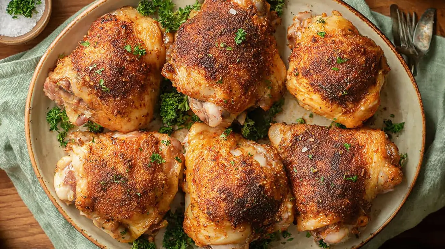 Close-up of perfectly seasoned and crispy Oven Baked Chicken Thighs on a rustic platter, garnished with fresh parsley.