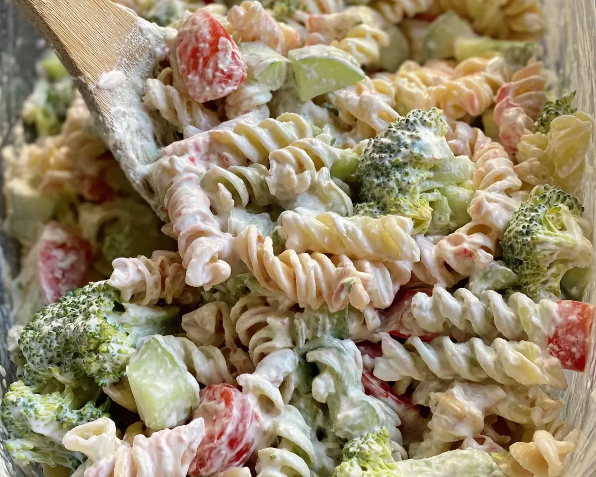 Close-up of a vibrant Ranch Pasta Salad with tri-color rotini, broccoli, tomatoes, and cucumbers in a creamy dressing.