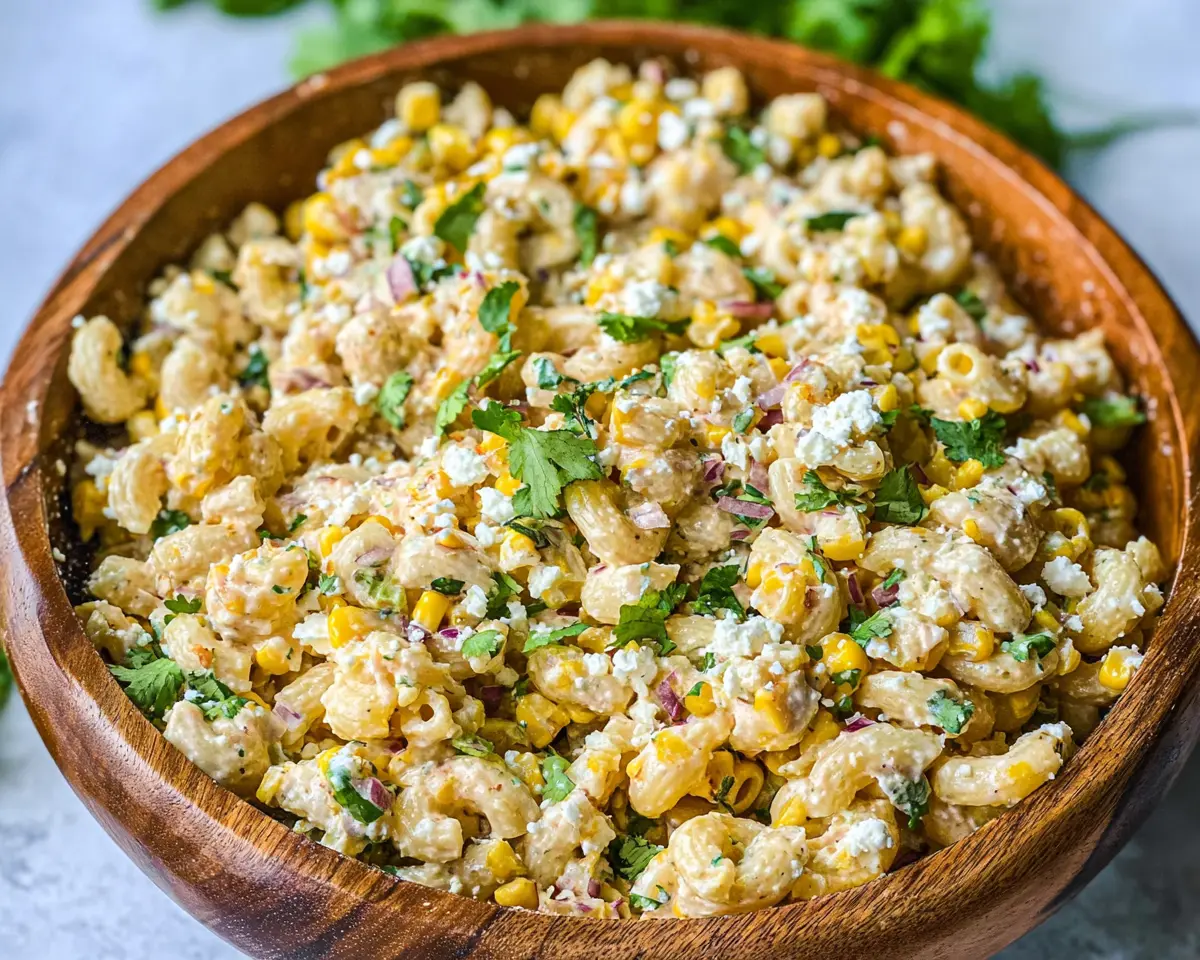 A vibrant close-up of creamy Street Corn Pasta Salad served in a rustic wooden bowl, featuring charred corn, cotija cheese, and fresh cilantro.