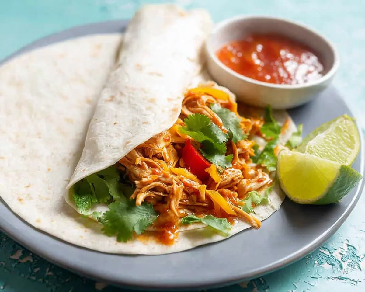 Close-up of a delicious Sweet Chili Chicken Wrap filled with shredded chicken, bell peppers, and cilantro, served with lime wedges and salsa.