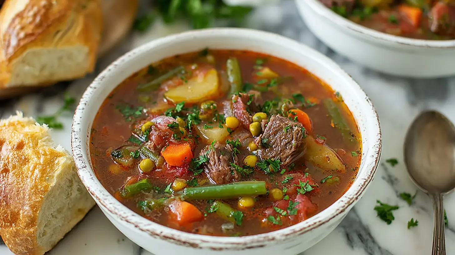 Rustic bowl of hearty vegetable soup with beef, garnished with fresh herbs, accompanied by crusty bread.
