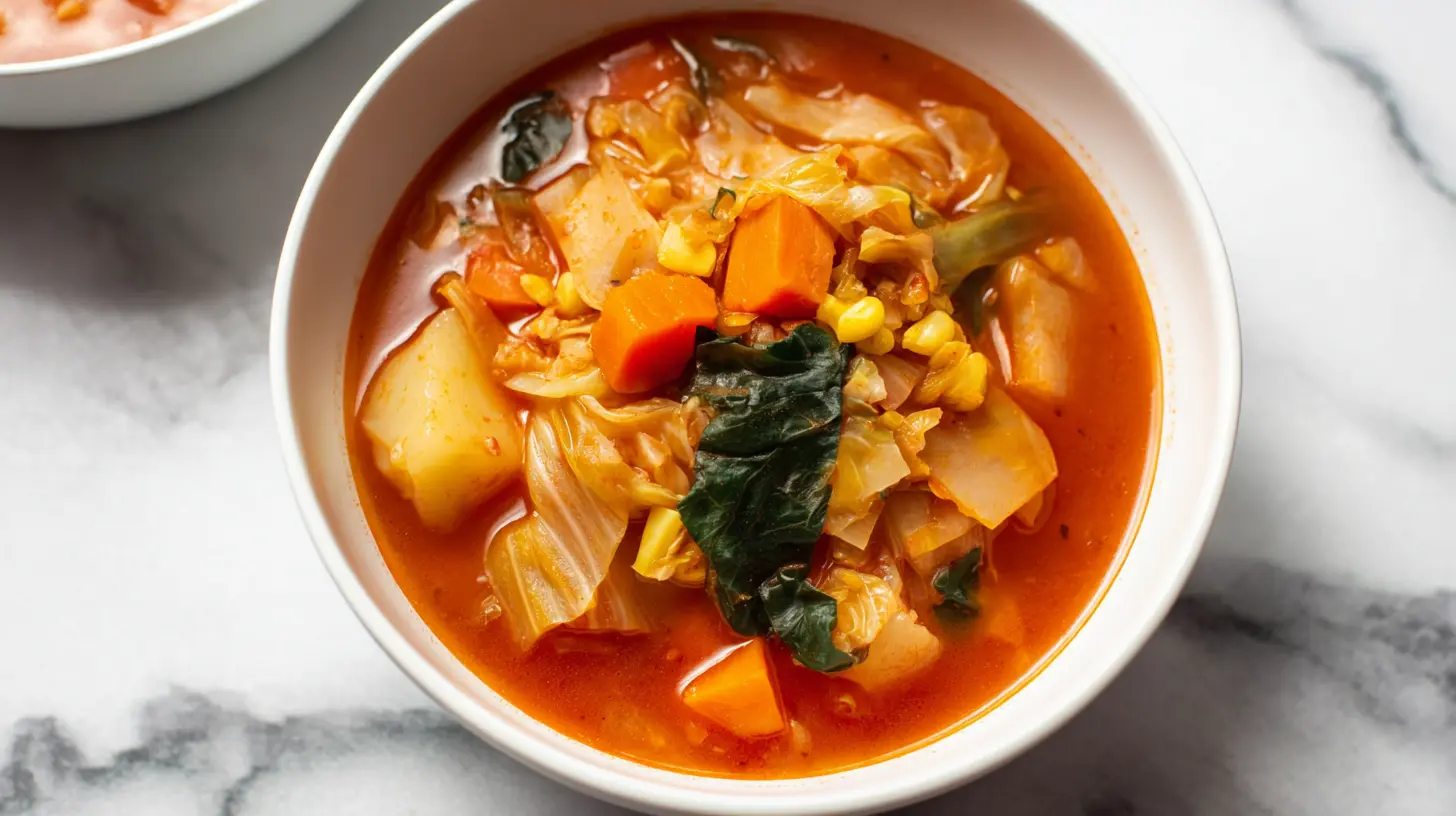 Hearty Vegetable Soup with Cabbage (Easy & Healthy) vegetable soup with cabbage Vibrant bowl of homemade vegetable soup with cabbage, carrots, and potatoes on white marble.