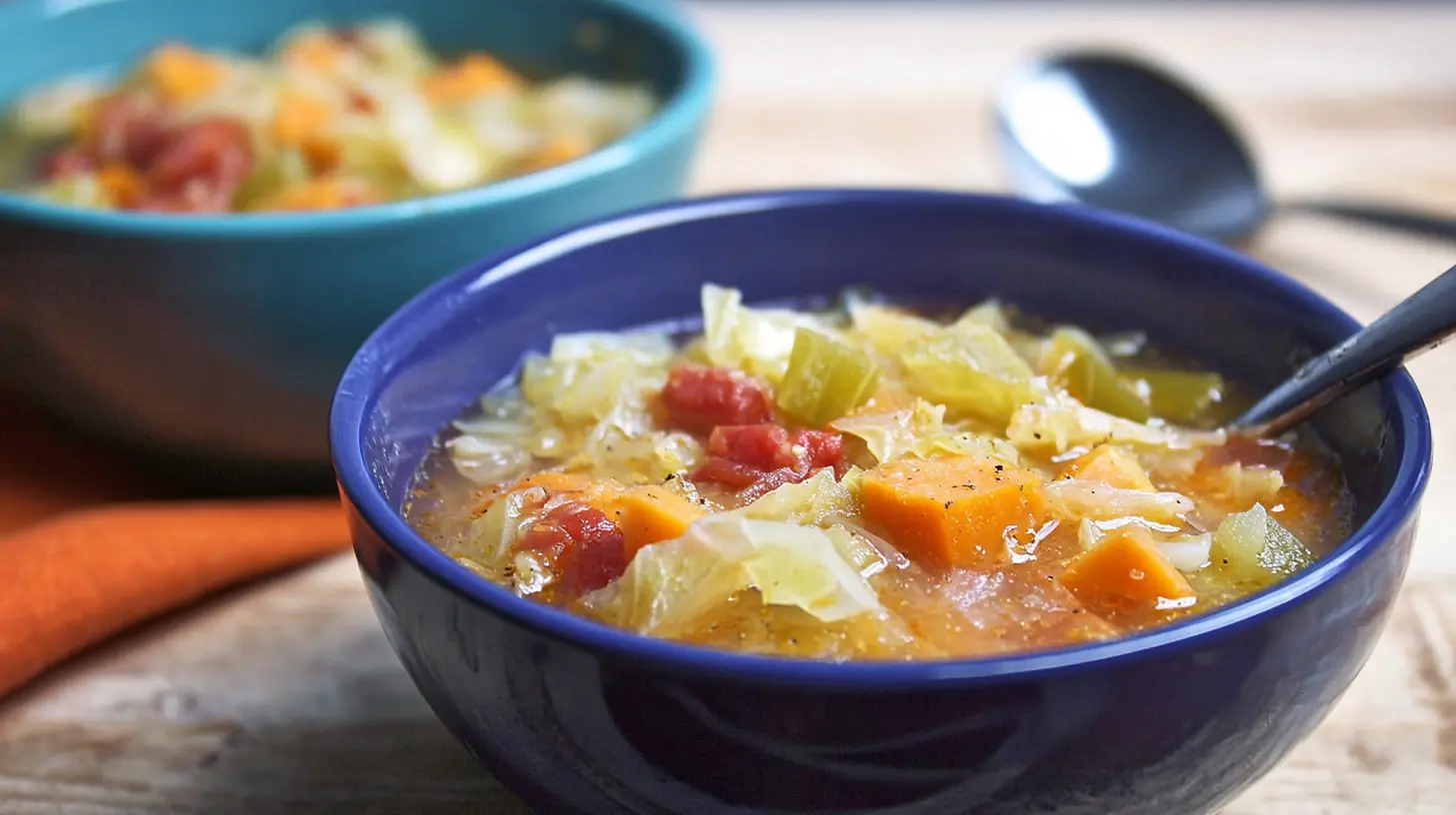 The Ultimate Weight Loss Cabbage Soup (Wonder Soup) Weight Loss Cabbage Soup Two warm bowls of homemade Weight Loss Cabbage Soup with vegetables and a spoon on a wooden table.